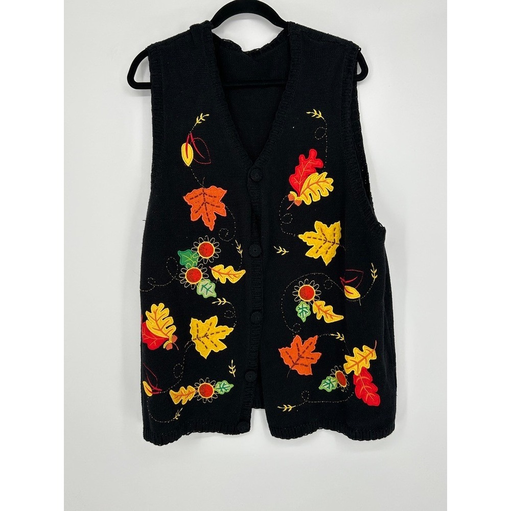Grandmacore Size 2X/3X Black Knit Vest Embroidered Fall Leaves Autumn Harvest